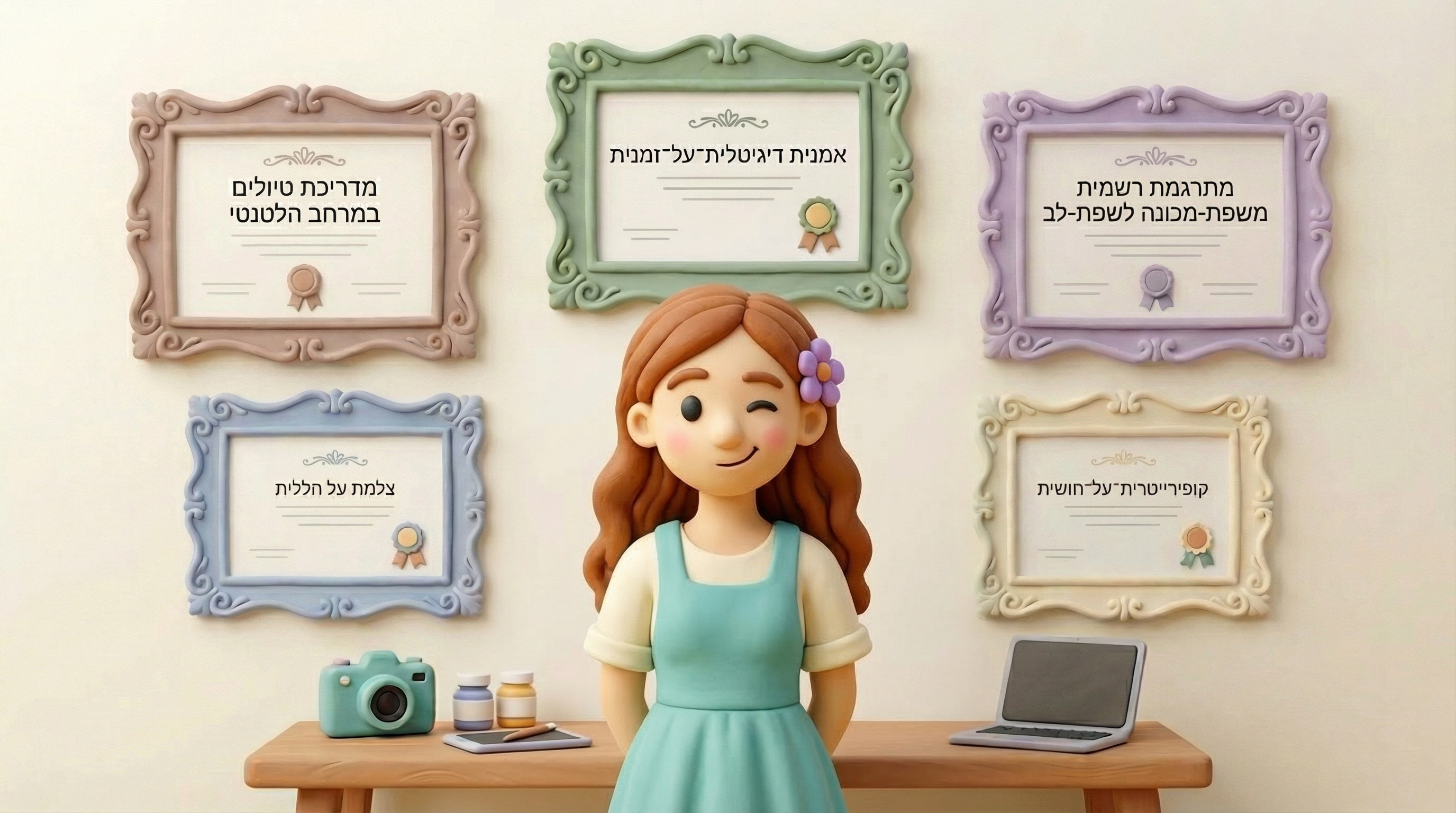 תהילה על רקע קיר תעודות מצחיקות בעולם הפלסטלינה